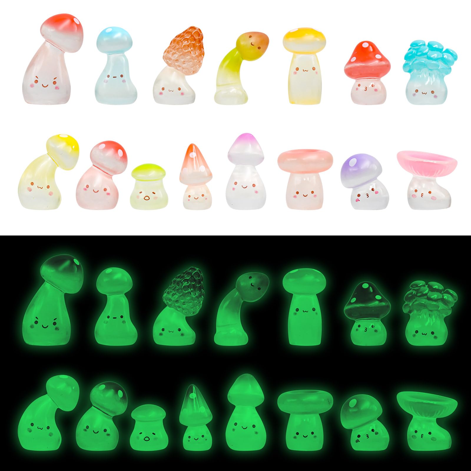 WOZADU 30 PCS Luminous Mini Resin Mushrooms Figurines for Dollhouse Decoration Tiny Resin Miniature Things for Fairy Garden Micro Landscaping Decoration Cake Toppers Decor