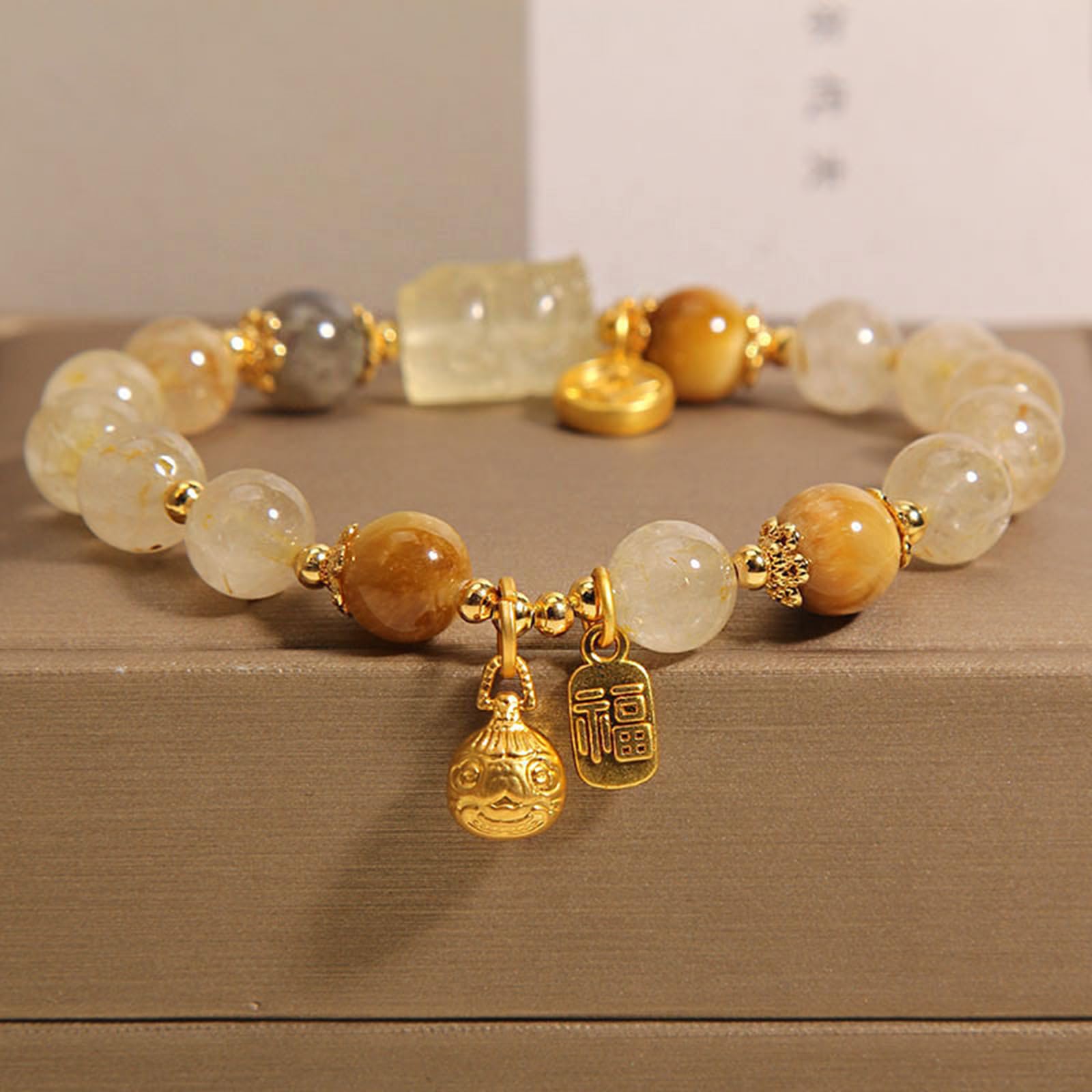 Bracciale in Vera Pietra di Luna di Quarzo rutilato Dorato – Bracciale con Perline di Pietre preziose curative di Cristallo Gioielli spirituali Fatti a Mano per Uomini e Donne