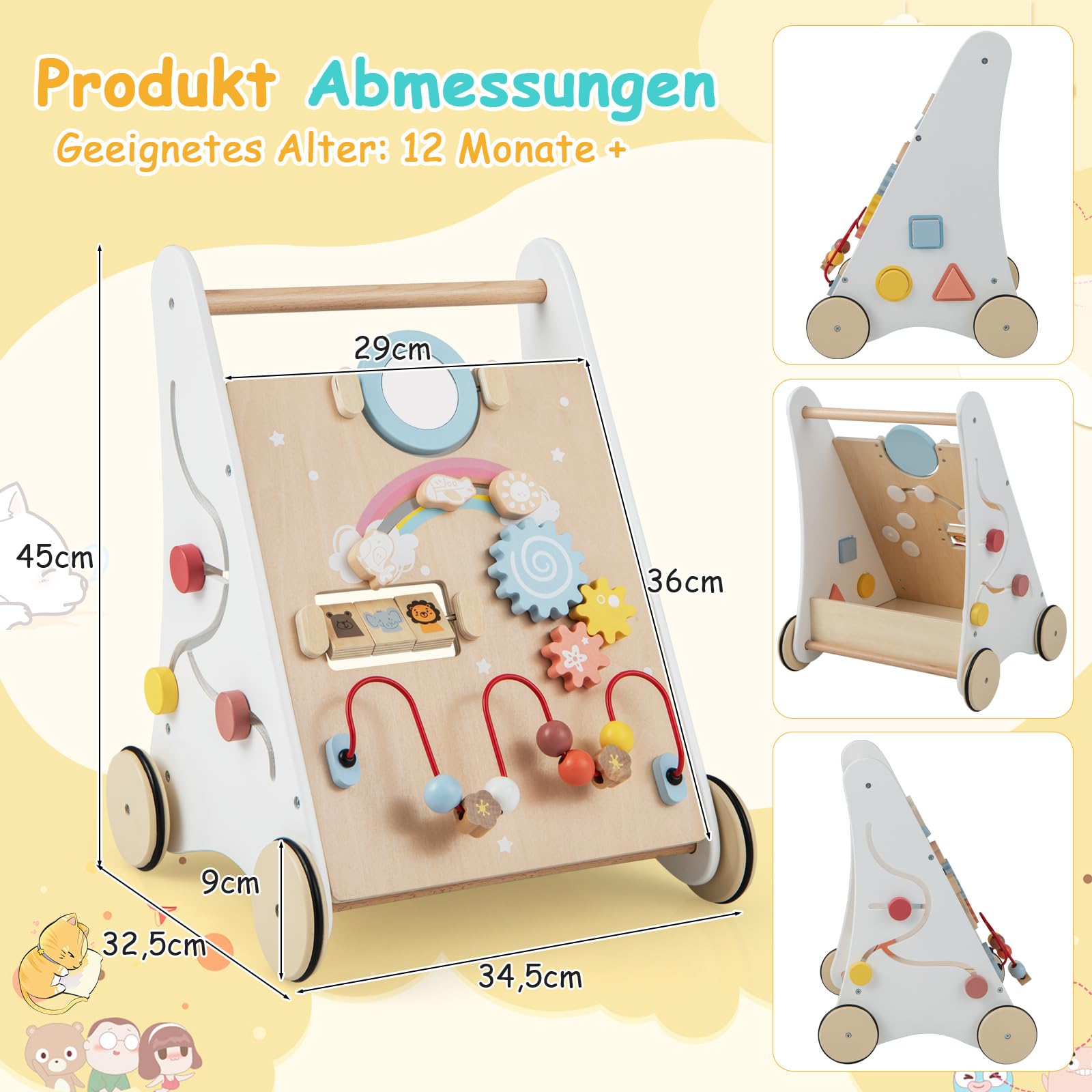 COSTWAY Lauflernhilfe aus Holz, 7 in 1 Lauflernwagen mit Spielbrett, Spiegel & Bauklötzen, Laufwagen zum Schieben mit Aufbewahrungsbox, Laufhilfe Baby ab 1 Jahr (Weiß + Natur)