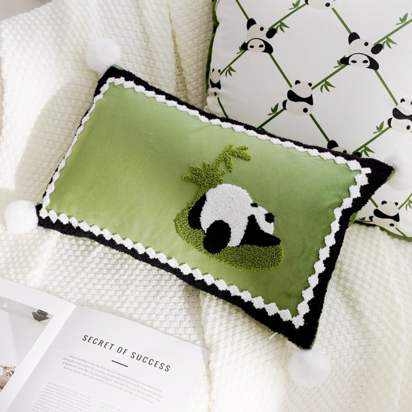Taie d'oreiller panda peluche brodée 3D verte 45x45 cm velours chambre
