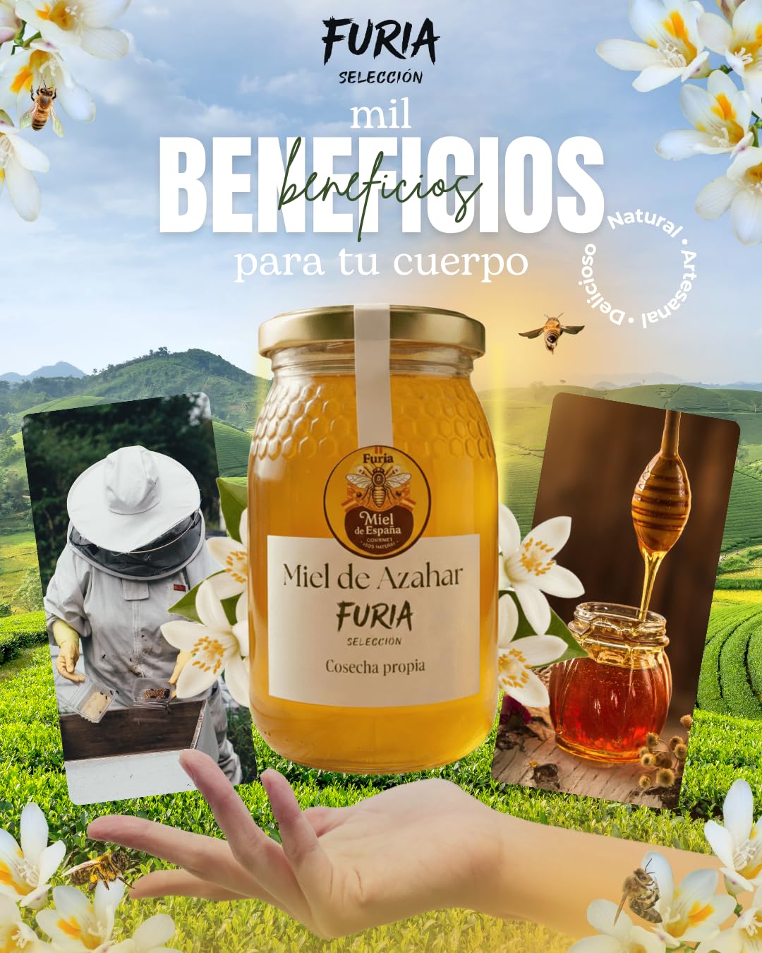 Miel de Azahar Cruda 500g – 100% Miel Pura de Abeja, Sin Pasteurizar – Flor de Naranjo Valenciana, Cosecha Propia Ecológica – Tarro de Cristal Reutilizable