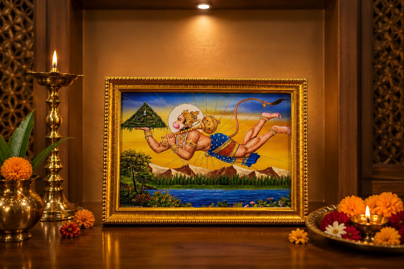 Vistara frames Flying Hanuman Ji Carrying Sanjeevani Mountain Gold Laminated Photo Frame for Home Temple Wall Décor 6x8 Inch-image-11