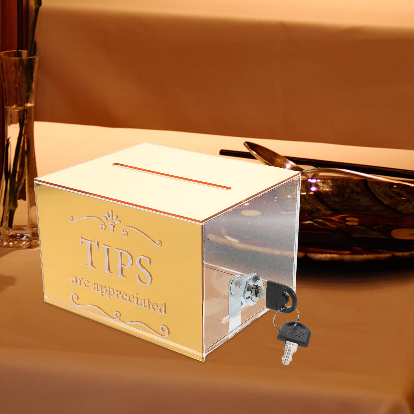 Lurrose Acrílico Caja de Propinas con Cerradura para Bar y Restaurante | Diseño Transparente, Acabado Dorado Elegante, Gran Capacidad, Adecuado para Sugerencias, Rifas y Donaciones