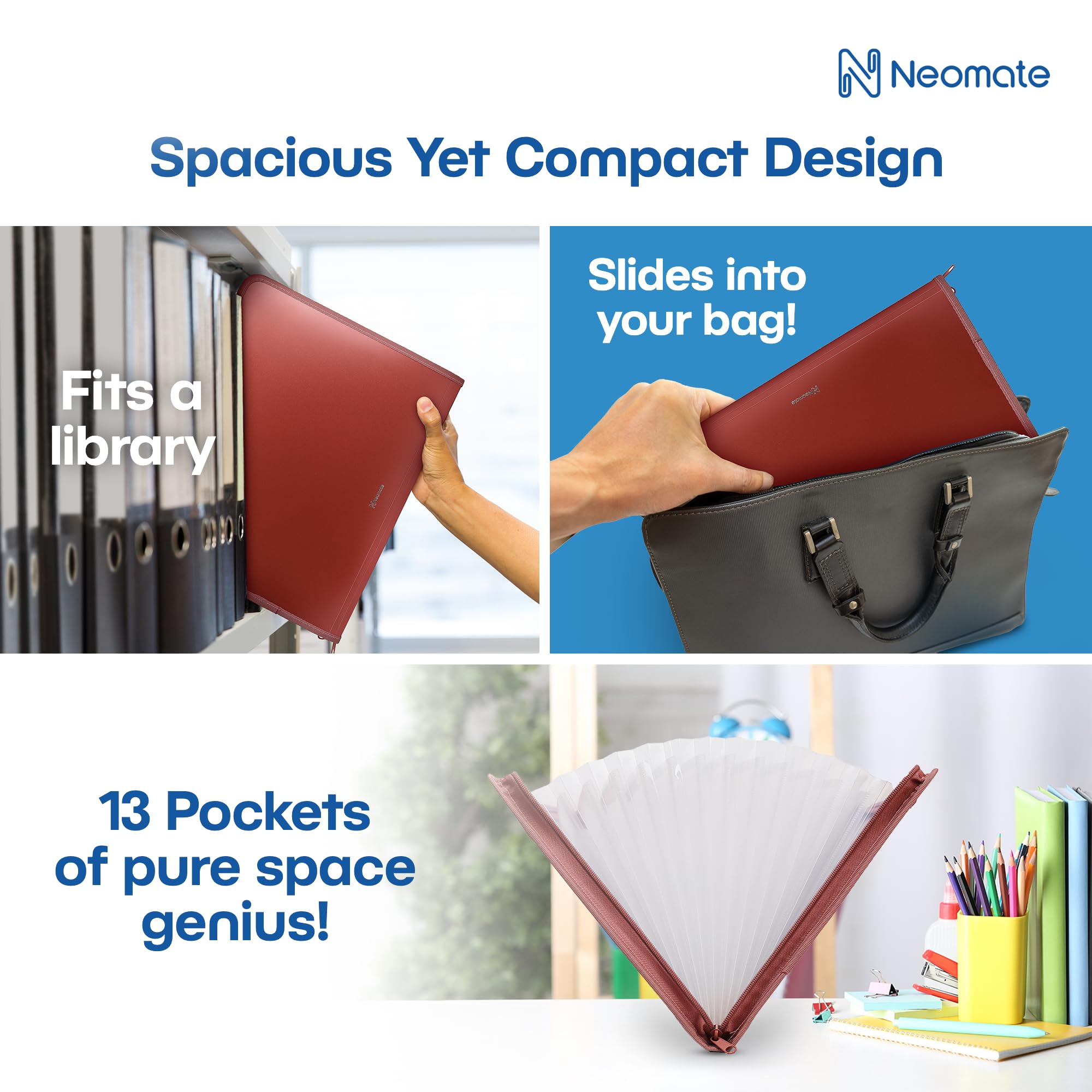 Neomate Cartella portadocumenti espandibile con 13 tasche con etichette adesive, formato A4/lettera, organizer a fisarmonica con chiusura a cerniera, per conservare certificati e documenti per casa