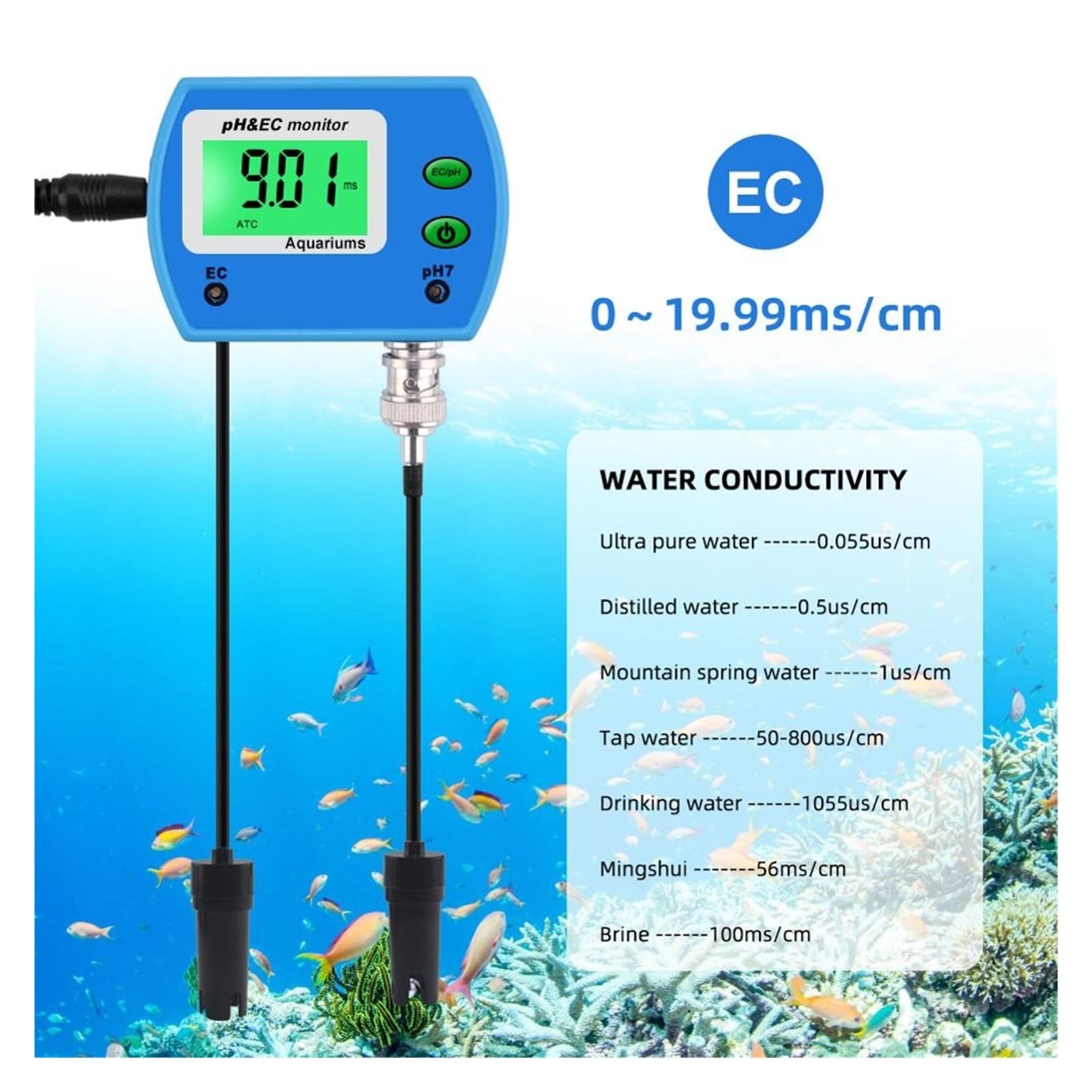 Medidor de PH EC 2 en 1, Monitor Digital calidad del agua, acidómetro línea multiparámetro for herramienta prueba acuario Amplio Rango NuméRico