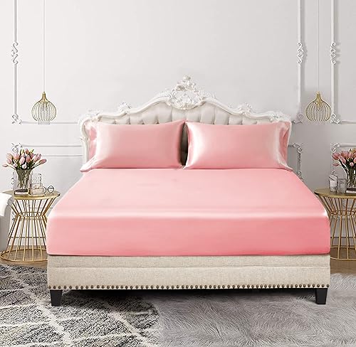 Miniatura 9 de SiinvdaBZX Juego de 3 piezas de sábana bajera de satén tamaño Queen y 2 fundas de almohada, sábana bajera suave y sedosa color negro, sin arrugas,