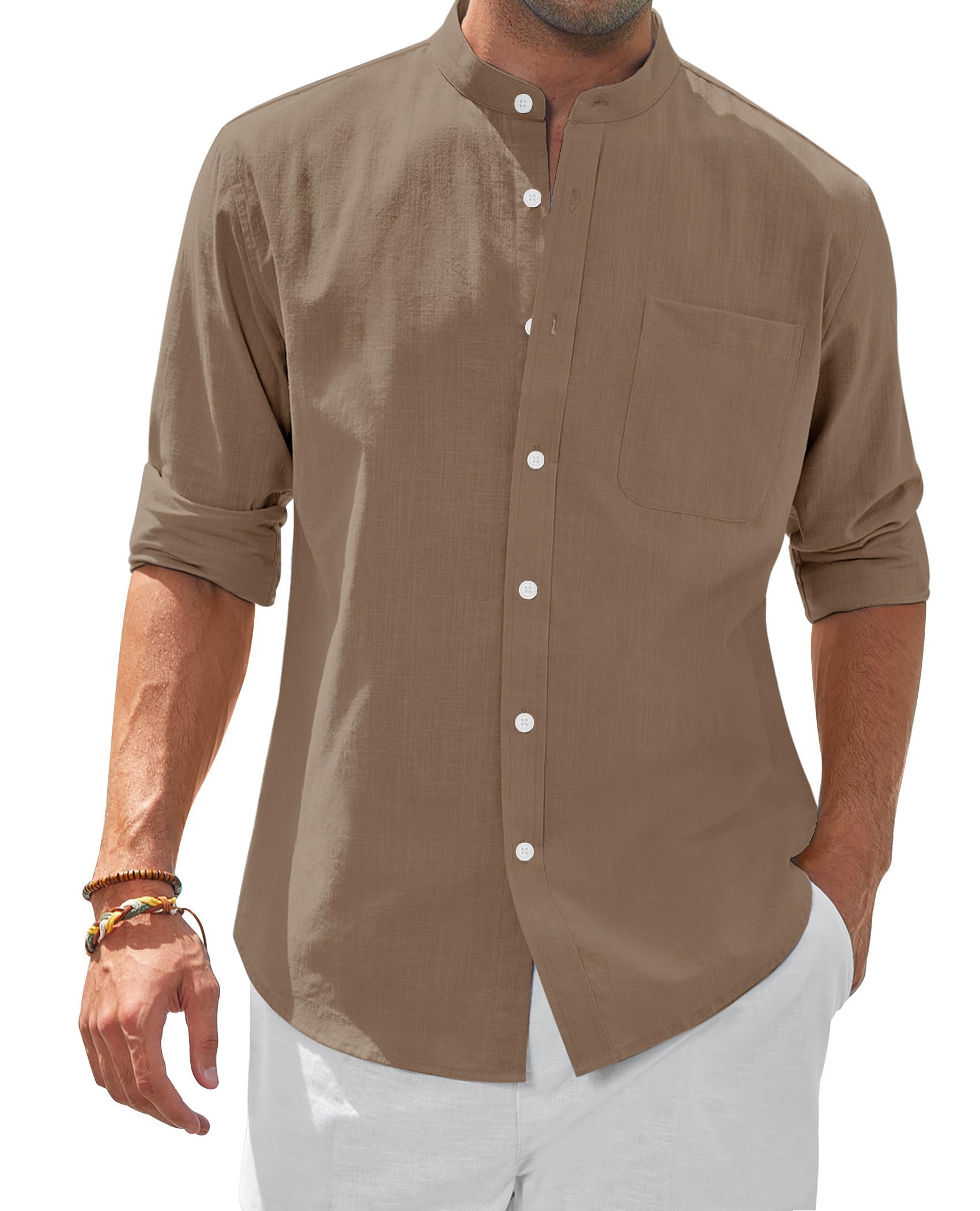 siliteelon Herren Hemd Leinenhemd Langarm Stehkragen Leinenshirt Hemden Herren Freizeithemd Casual Regular Fit Sommer Standhemd