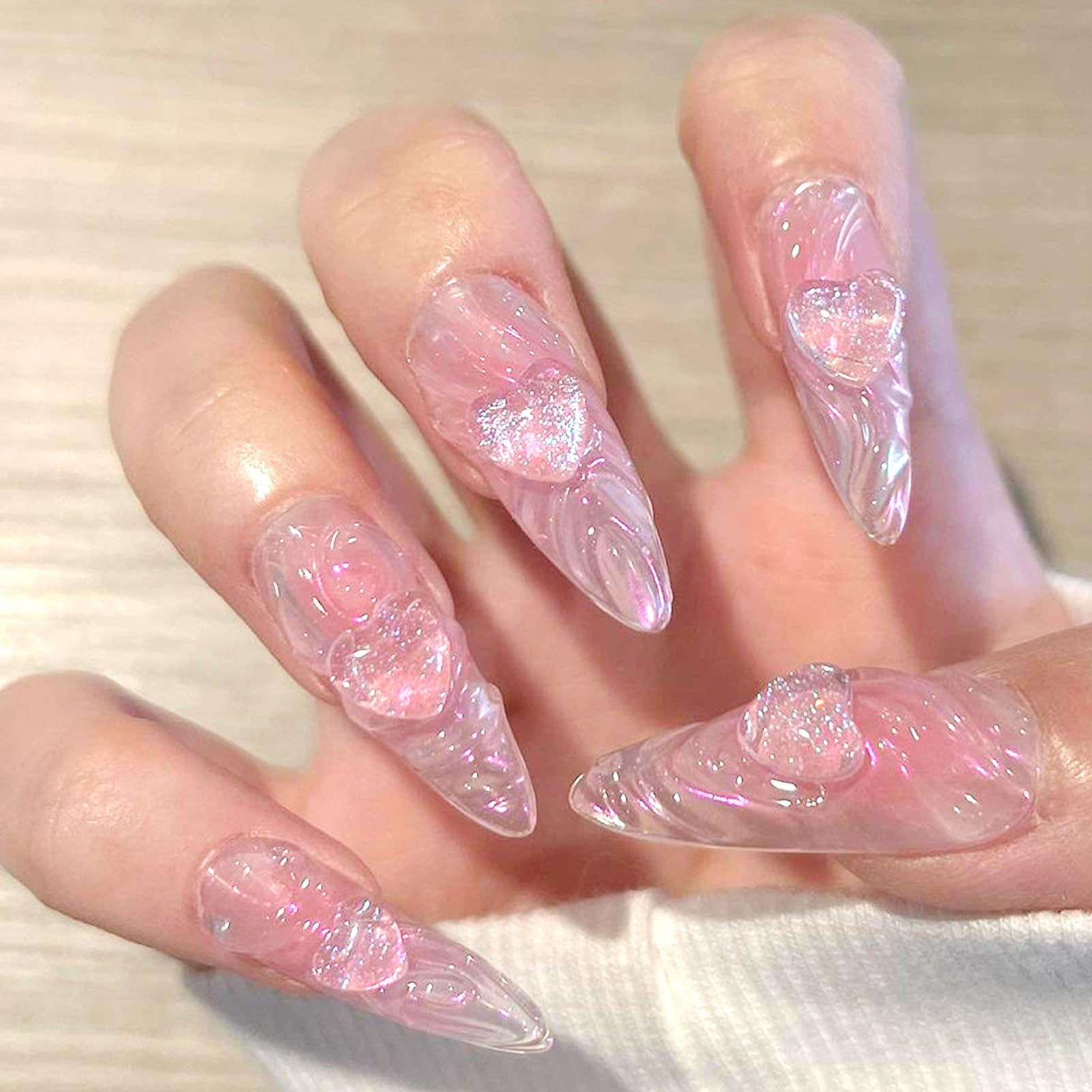 24Pcs Almond Press On Nails Long Almond Pink Fake Nails with 3D Stereoscopic Water Ripples Designs Artificial Nail Stick on Nail For Women