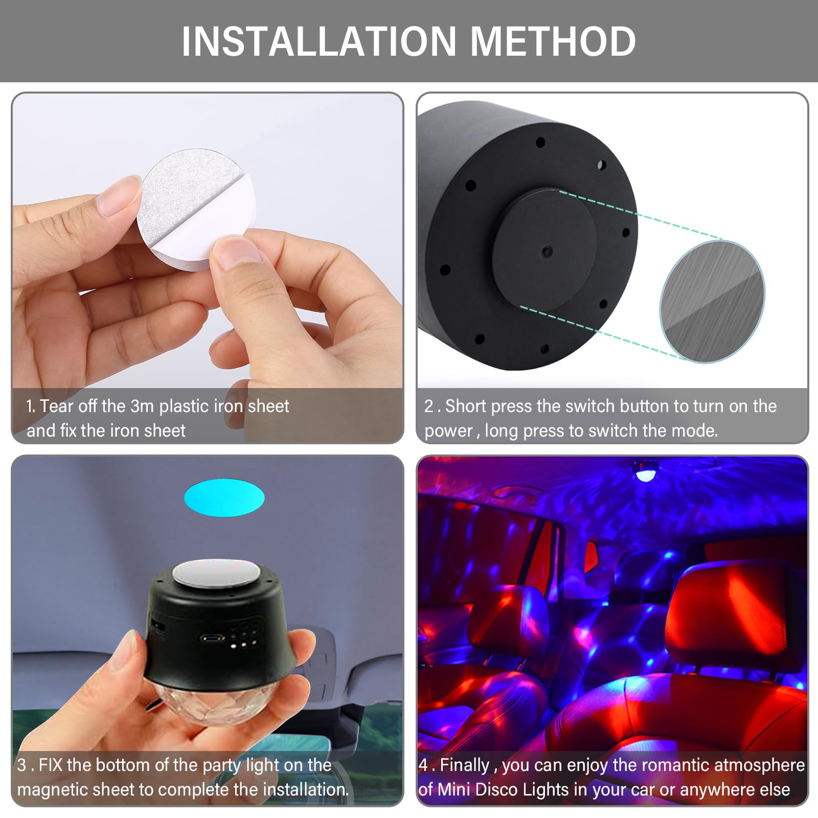 BORDEAG Lámpara de Fiesta LED: 4 Piezas Efectos Luminosos Dinámicos RGB, Control Musical, Rotación 360°, con Control Remoto, para Fiestas, Disco, Cumpleaños Niños (55 * 53 * 53mm, Negro)