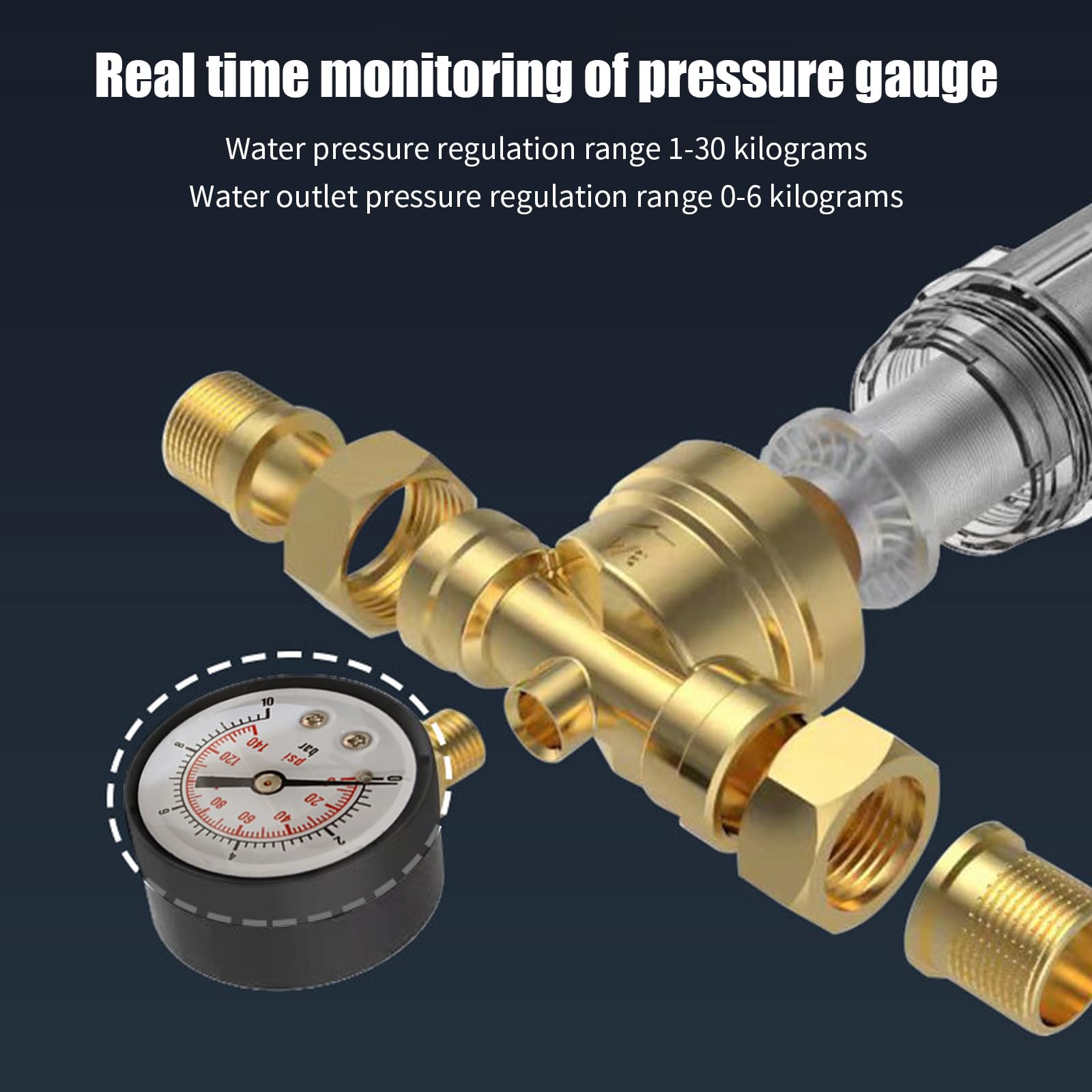 Filtro di rigetto per acqua, Filtro per acqua con sedimenti spin-down riutilizzabile da 1 pollice, Filtro per acqua prefiltro e filtro sedimenti, Filtro per acqua da 40 μm con manometro per tubo