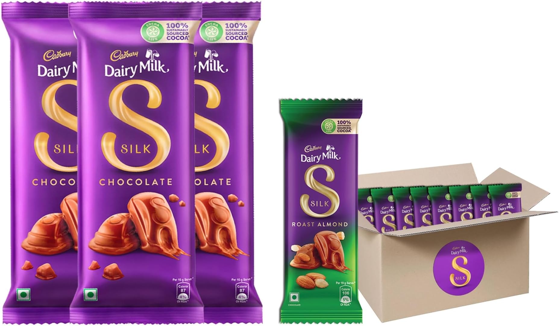 Cadbury Dairy Milk Silk Chocolate Bar, 150Gm (Pack Of 3) & Dairy Milk Silk Roast Almond With Whole Nuts Chocolate Bar, 58G - Pack Of 8