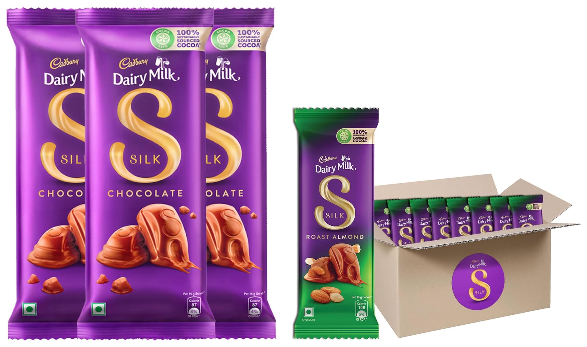Cadbury Dairy Milk Silk Chocolate Bar, 150g (Pack of 3) & Dairy Milk Silk Roast Almond with whole nuts Chocolate Bar, 58g - Pack of 8