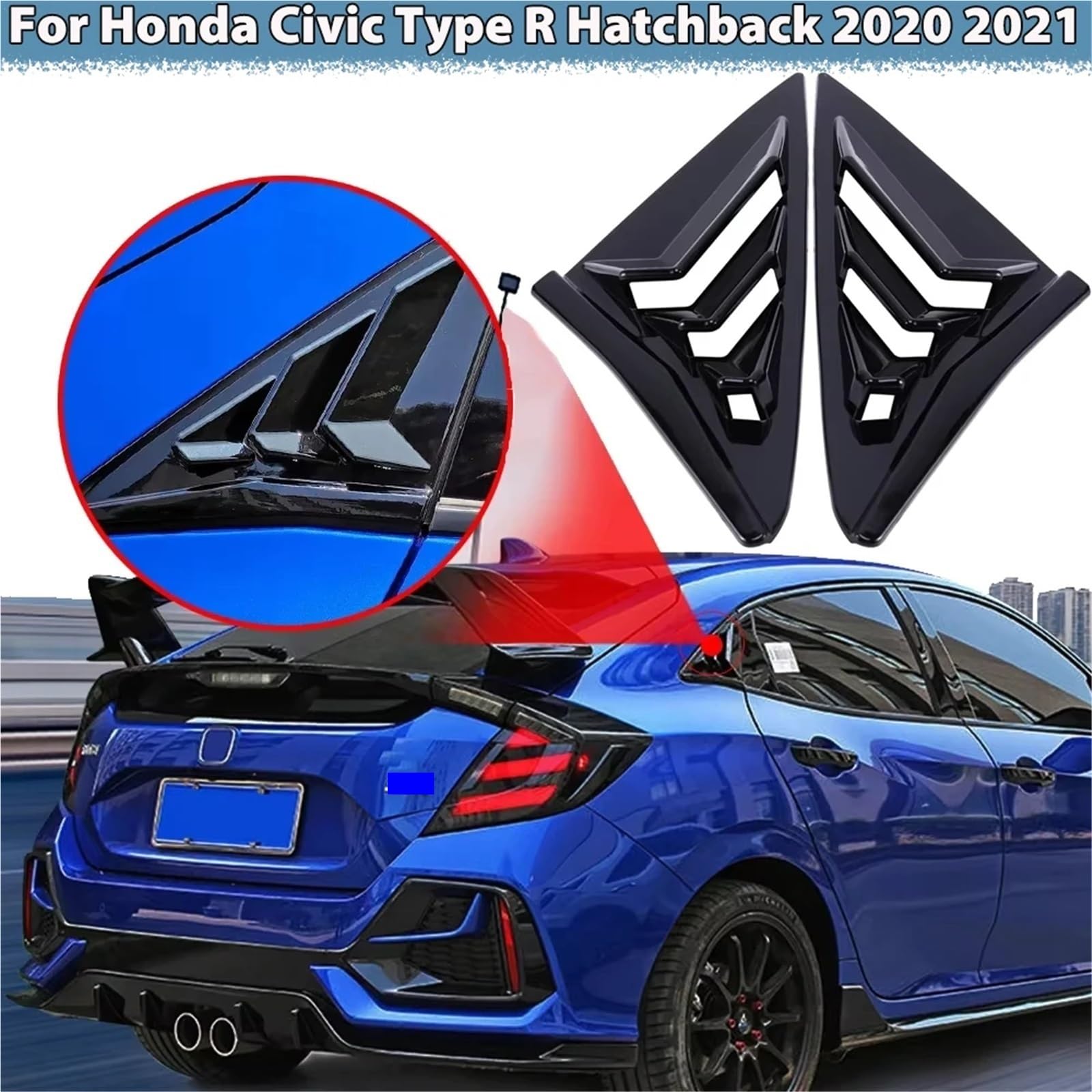 Osłona żaluzji tylnej szyby 2x żaluzje na tylne boczne szyby pasujące do Hondy Civic Type R Hatchback 2020-2021 ABS, żaluzje nawiewu powietrza Tylne okno trójkątne okno(Matte Black)