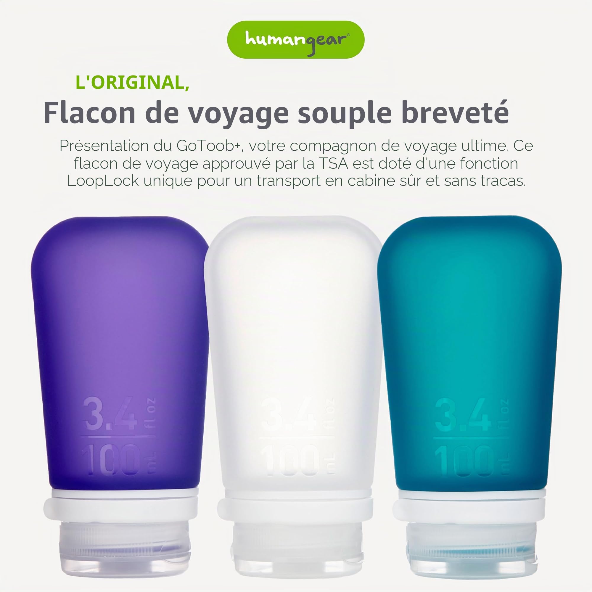 humangear GoToob+ Lot de 3 Grands flacons de Voyage avec Bouchon de Verrouillage 100 ML Transparent Violet Turquoise Taille L 100 ML