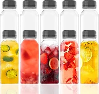 10Pcs 16oz Plastic Juice Bottles, Reusable Bulk Beverage Containers, with Black Tamper Evident Lids for Juice, Milk and Ot...