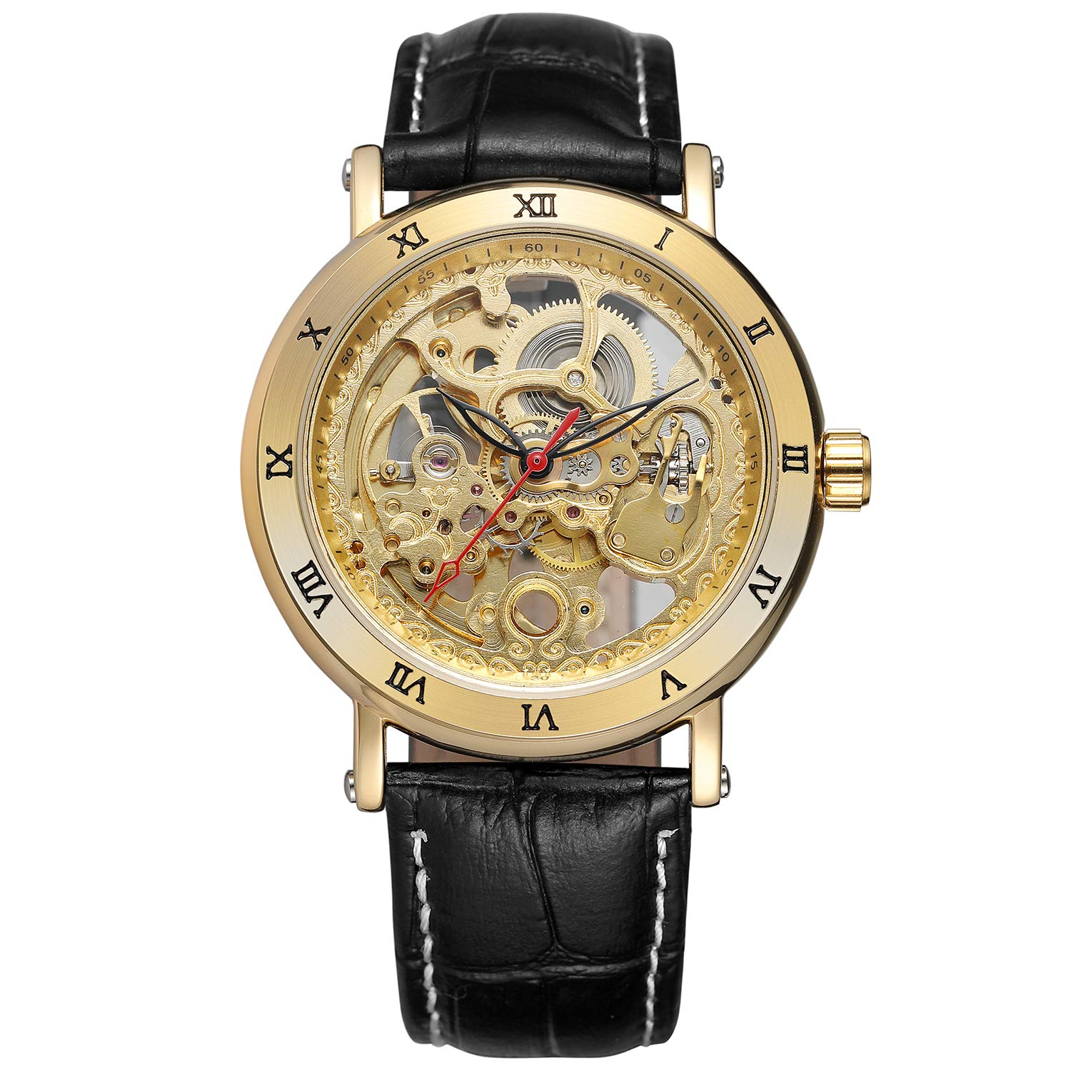 Forsining - Orologio da polso da uomo, alla moda, in stile steampunk, automatico, analogico, in pelle nera