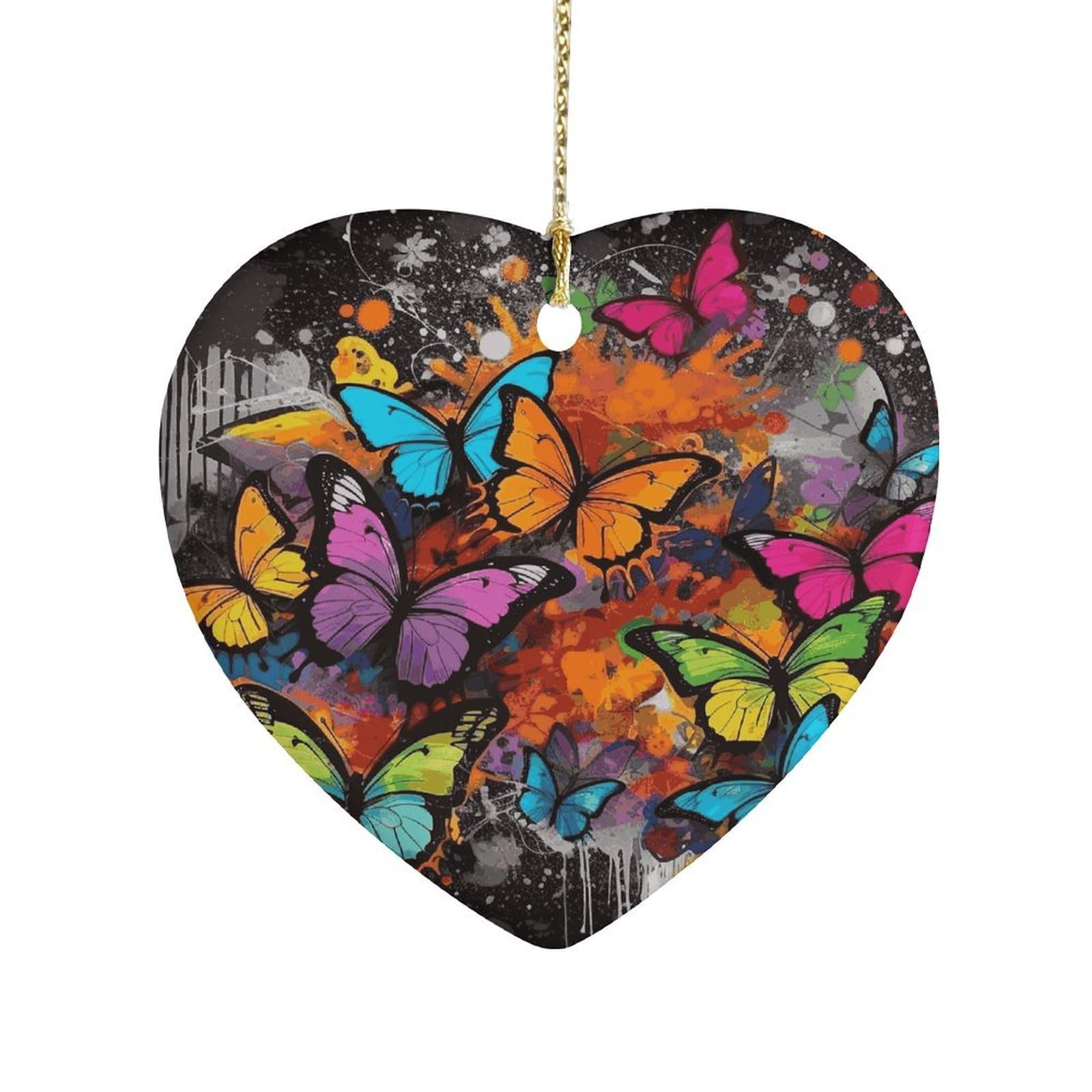 Art Graffiti Butterflies Print Heart Ornament Precious Heart-Shaped Pendant Idea Ceramic Ornaments with Gold String Personalized Heart Shaped Decoration for Outdoor Party Love