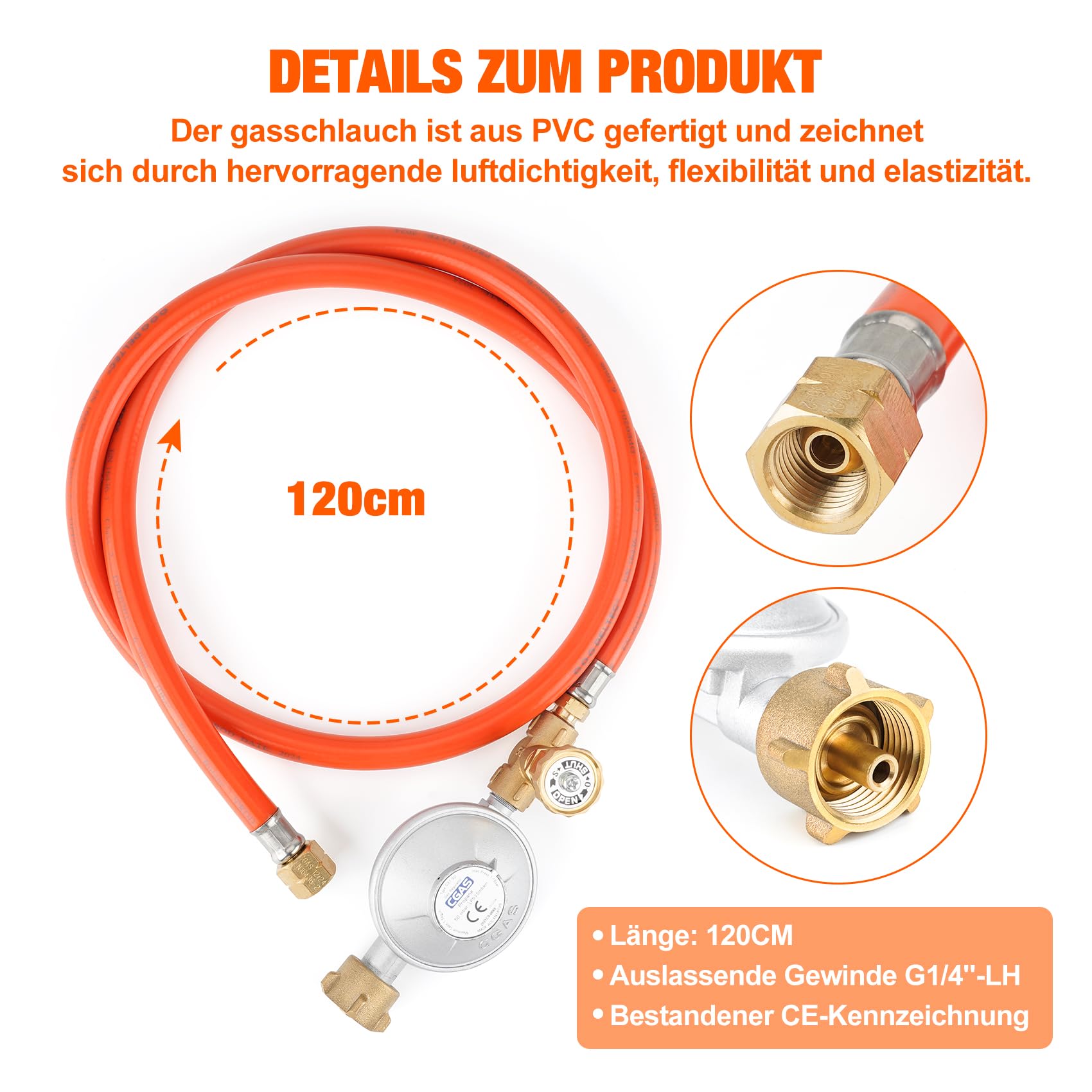 onlyfire Gasdruckregler für Gasflaschen, Ausgangsgewinde G1/4"-LH, 50mbar, Gasregler Druckminderer für Camping Gasgrill, Gasdruckminderer mit Verstellbarem Schalter und Gasschlauch 120cm