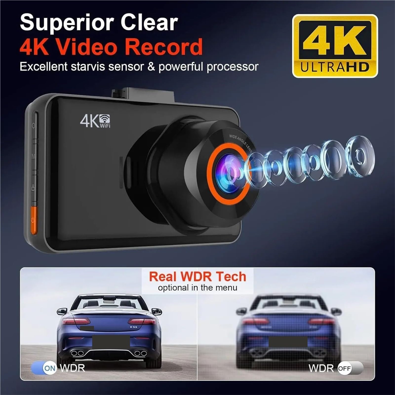 Kamera samochodowa, 2 Szt. Kamera 4K WiFi GPS Mini Wideorejestrator Samochodowy Przednia I Tylna Auto Night Vision WDR 24H Parking Czarna Skrzynka,dla samochodów