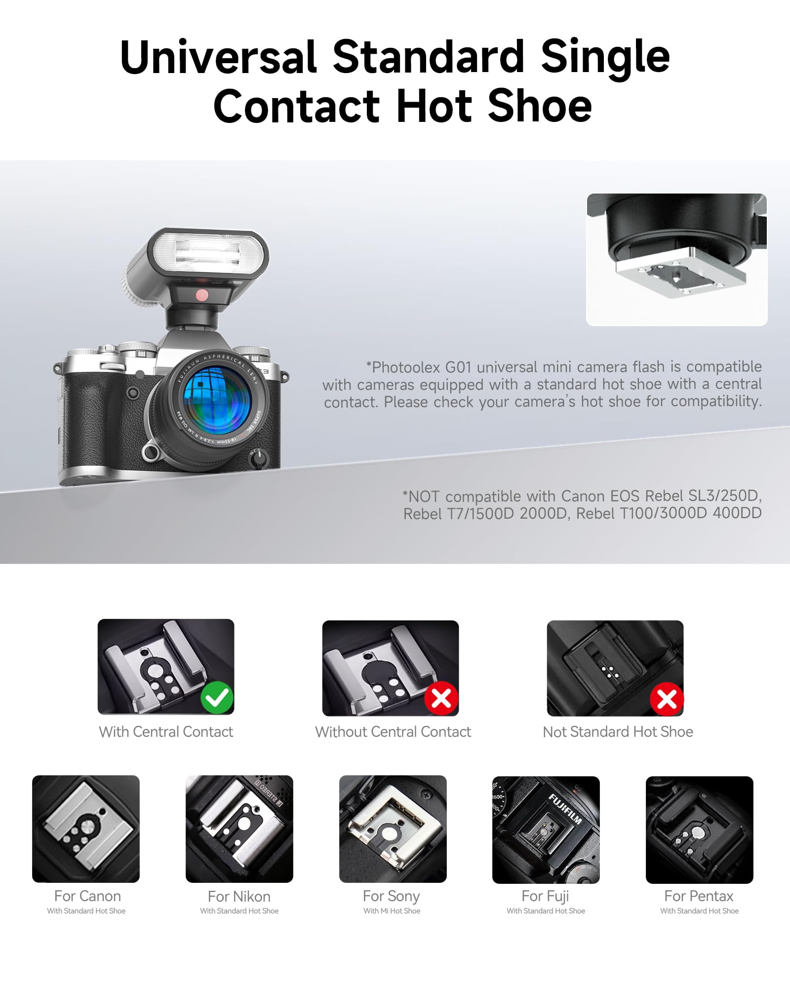 PHOTOOLEX Mini Kamerablitz - G01 Camera Flash, GN16 Blitz Speedlite mit Farbbildschirm für Canon Nikon Sony Panasonic Olympus Fujifilm Pentax DSLR Standard Hot Shoe Kamera, eingebaute 2000mAh Akku