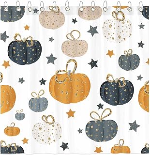 Funnytree Autumn Pumpkin Stars Shower Curtain Set with Hooks Fall Halloween Thanksgiving Harvest Gold Dots Bathroom Bathtubs Decor Easy Care Washable Durable Polyester Fabric 72"x72"