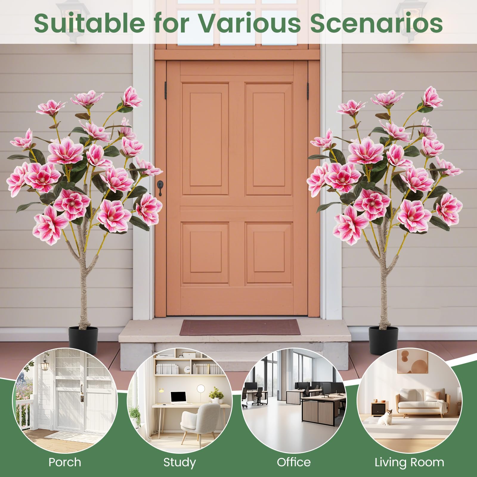 GIANTEX Árbol de Magnolia Artificial 130 cm, Planta Falsa en Maceta con Troncos de Múltiples Ramas y Hojas de PEVA, Flores Sintéticos Rosas, Planta Decorativa para Entrada, Salón, Oficina