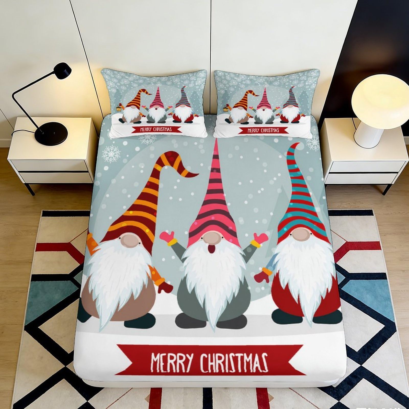 3D Printed Christmas Gnome Fitted Sheet Microfiber Soft Breathable Snowflake Bed Cover for Bedroom Dormitory Guest Room Mattress Protection 120x200x25cm