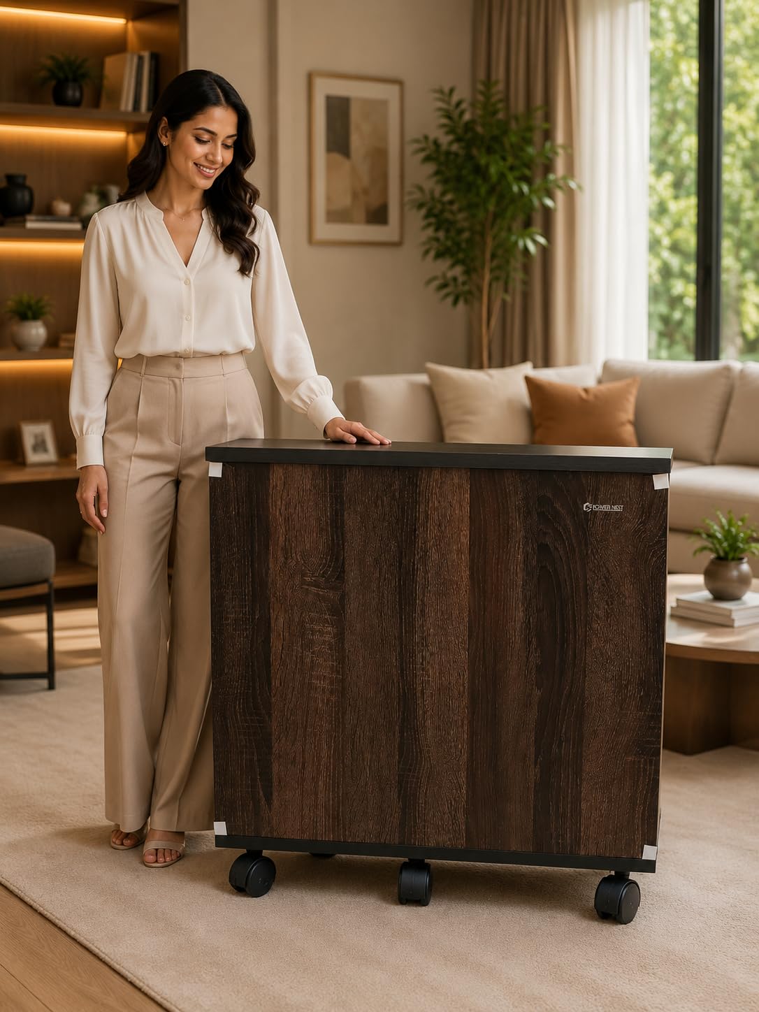 Inverter Battery Trolley with Wheels, Matte Black Finish, Heavy Duty Wooden Inverter Stand for Home, Durable Battery Storage Cabinet with Castor Wheels-image-5