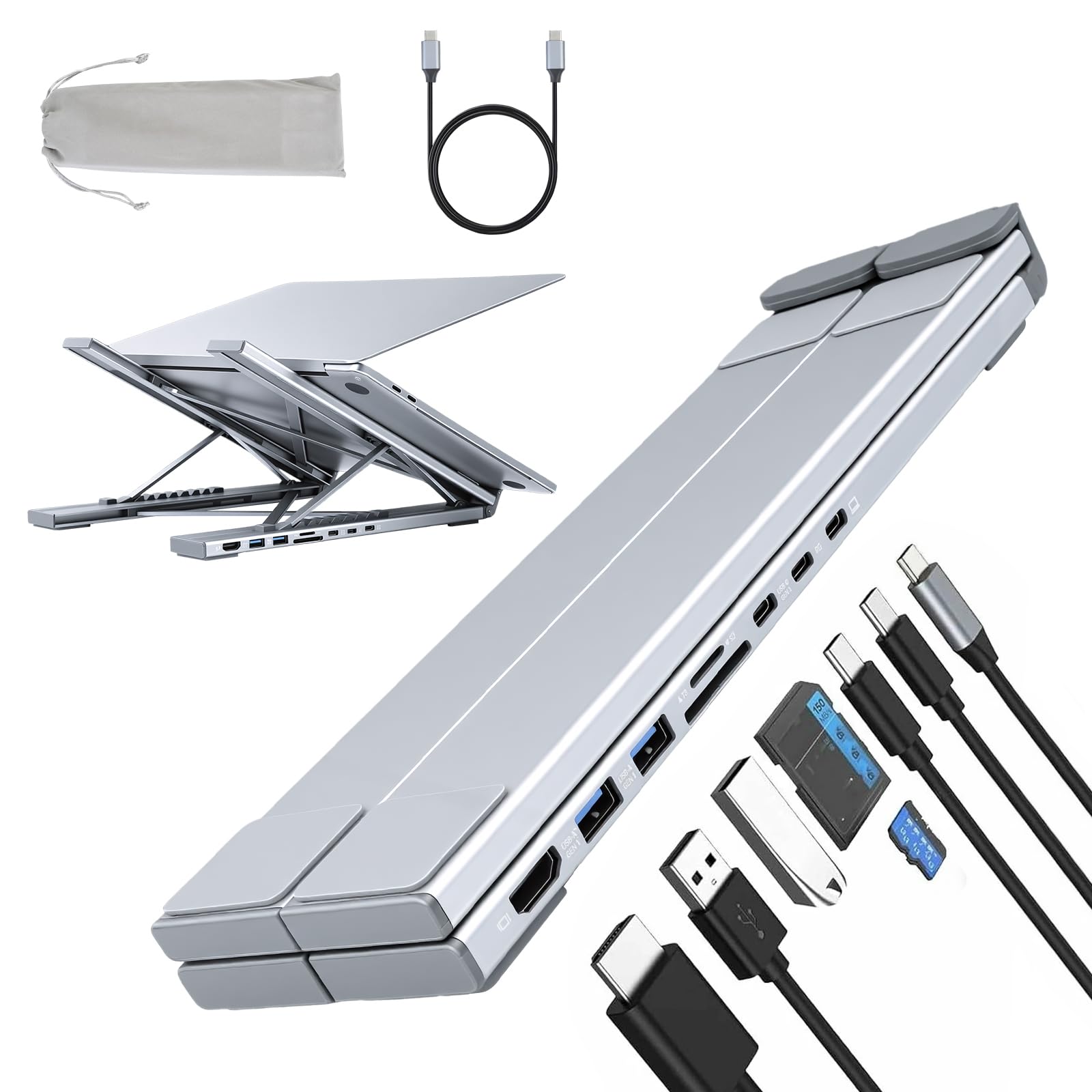 aceyoon Stojak na laptopa 8 w 1 USB C, stacja dokująca z aluminium, 100 W PD USB C Hub Stand z HDMI 4K 30Hz, USB 3.0+Typ-C 5 Gbps, czytnik kart SD/TF, w zestawie kabel USB C 60 cm do MacBooka, Pad i