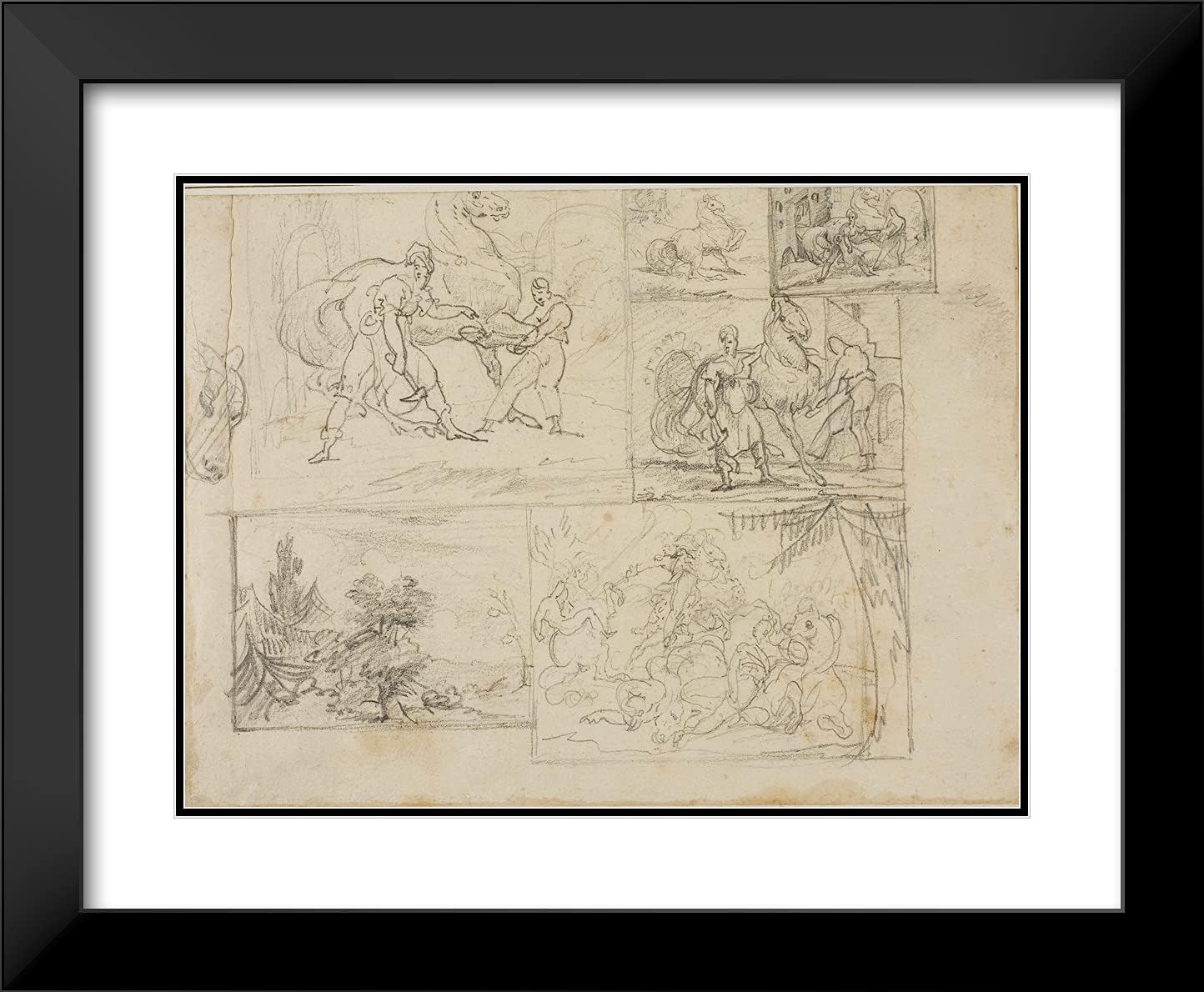 ArtDirect Theodore Gericault 24x20 Black Modern Framed and Double Matted Art Print Titled Three Studies with Sketches of a Wooded Landscape and a Cavalry Battle