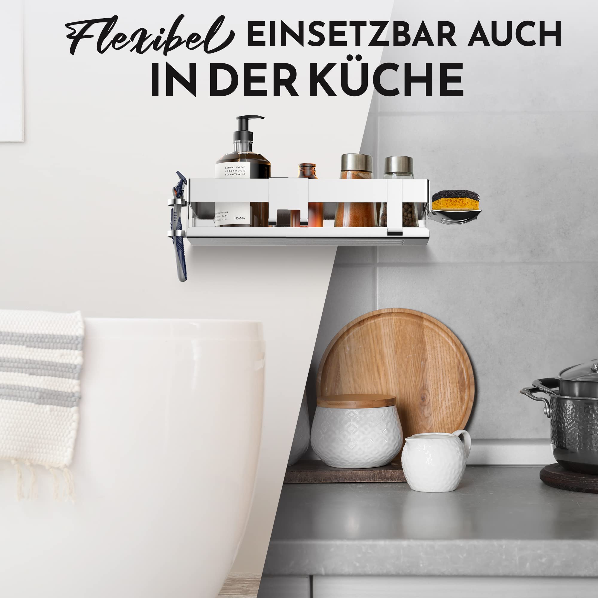 HENAL Duschablage Set 5 in 1, Hochglanz Edelstahl-Duschablage ohne Bohren, Duschregal inklusive Rasiererhalter, Duschabzieher-Halter, Seifenschale & Haken, XXL Bathroom Organizer