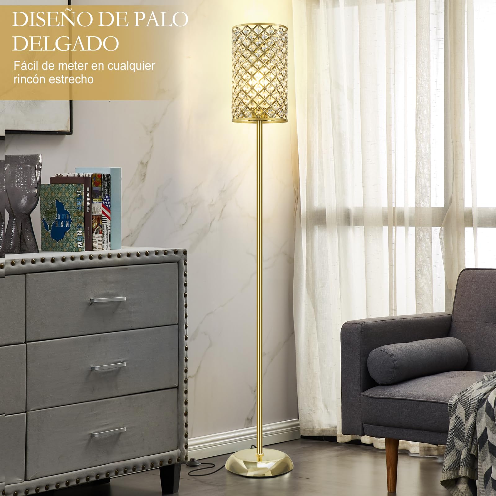 GyroVu Lámpara de pie, elegante lámpara de pie de cristal, moderna lámpara de pie con interruptor de encendido/apagado, iluminación para salón, dormitorio (Dorada)