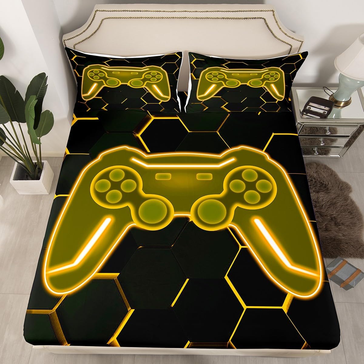 jejeloiu Gamer Bedding Set for Girls Boys Kids Twin Size Yellow Gaming Fitted Sheet Game Room Decor Honeycomb Bed Sheets Set Gamepad 3Pcs Breathable Soft Lightweight
