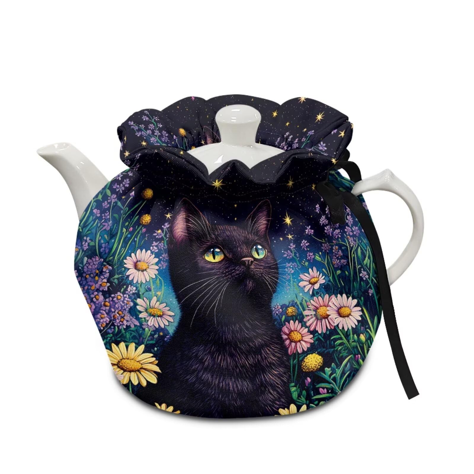 Xoenoiee Black Cat Whimsical Night Garden Print Tea Cozy Tea Pot Cover Insulation Tea Cosy Teapot Dust Cover Teapot Warmer for Home Kitchen Teapot Covers