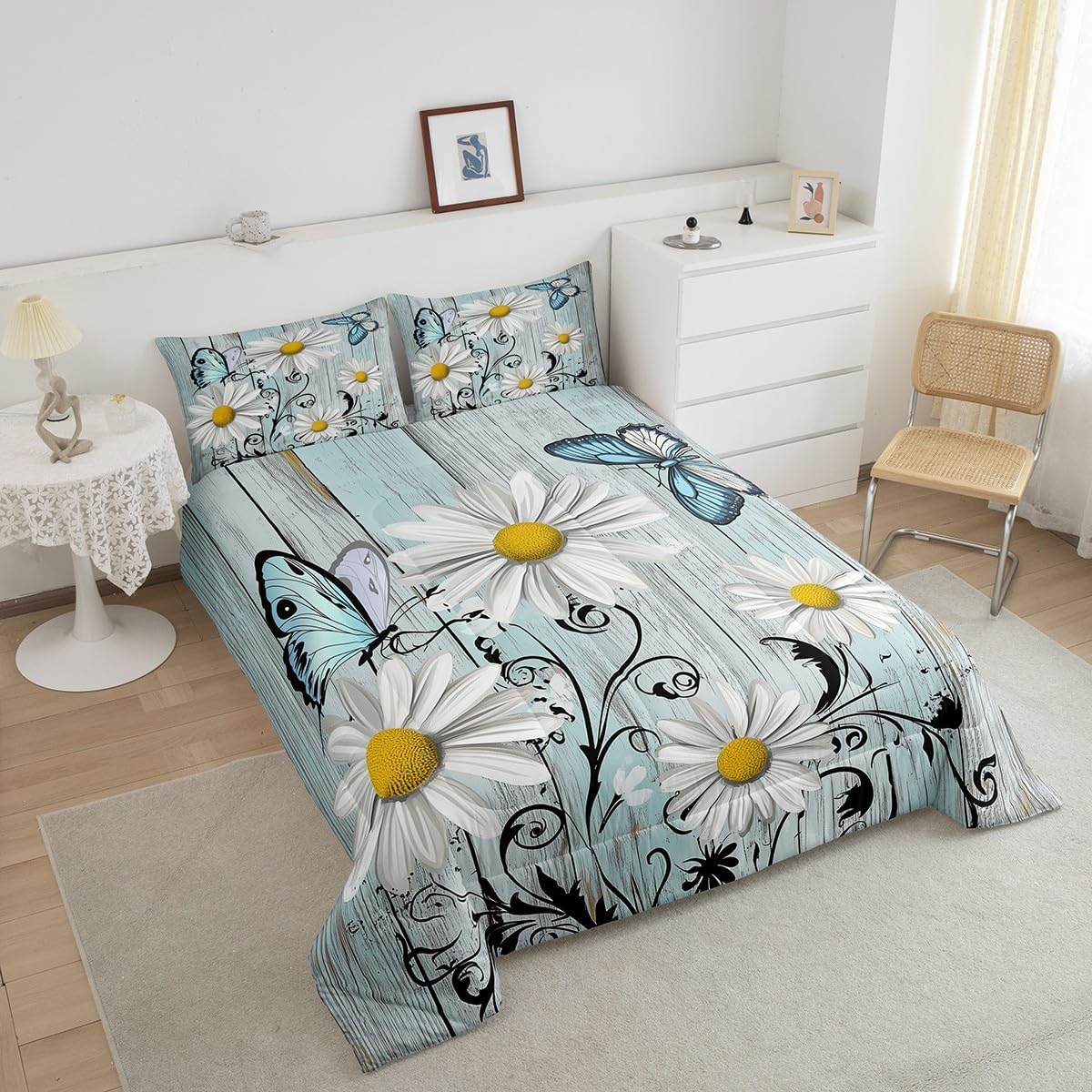 Erosebridal Daisy Floral Comforter Set, Farmhouse Country Bedding Set Cute Butterfly Quilted Duvet Old Barn Door Rustic Branches Down Comforter 3 Pcs with 2 Pillow Cases, Teal and Grey(Queen Size)