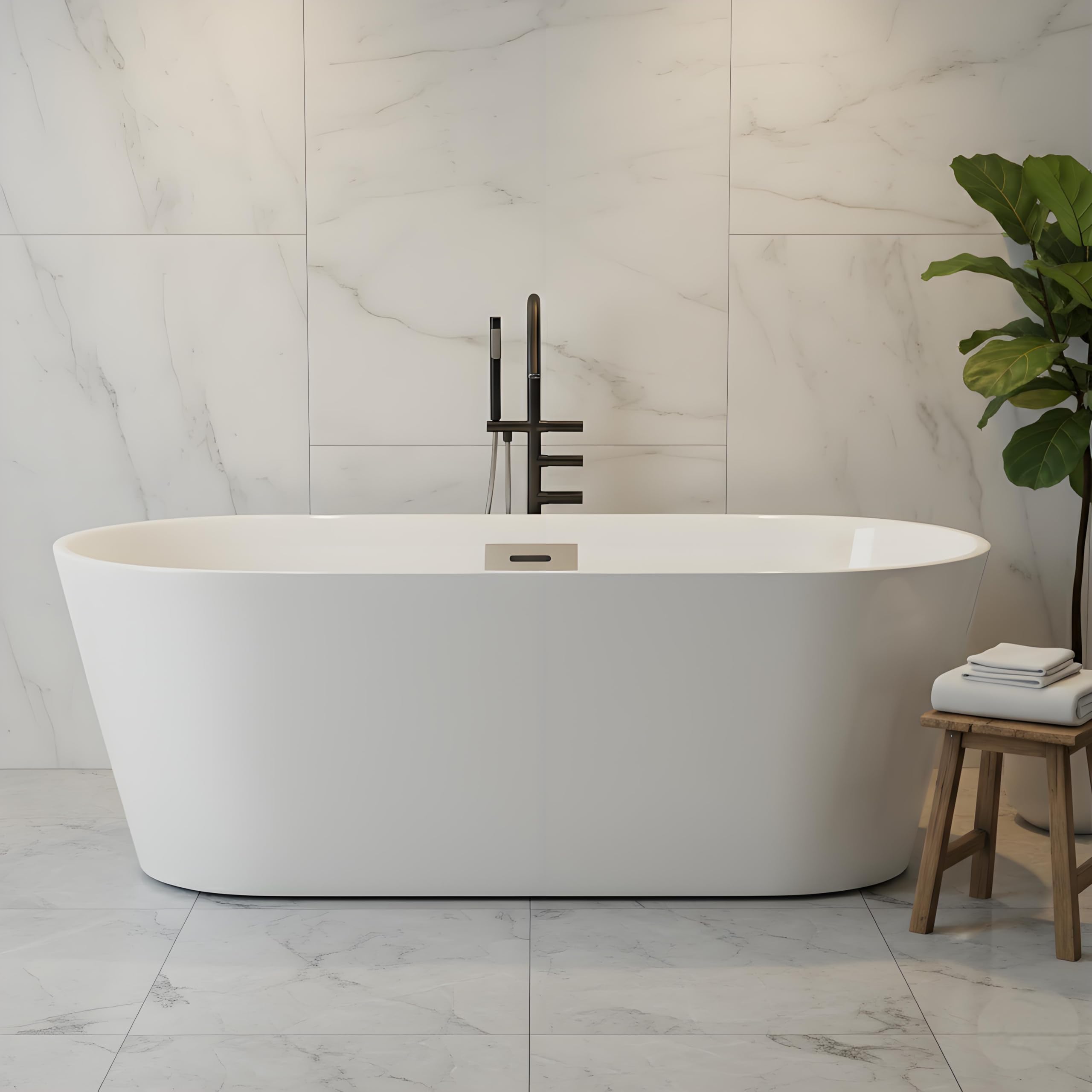 Freestanding Bathtub 59 Inch Acrylic Soaking Tub with Integrated Overflow, Modern Freestanding Tub/Free Standing Tub for Small Bathroom Remodel, Deep Soaking Comfort, Stand Alone Tub Spa Feel