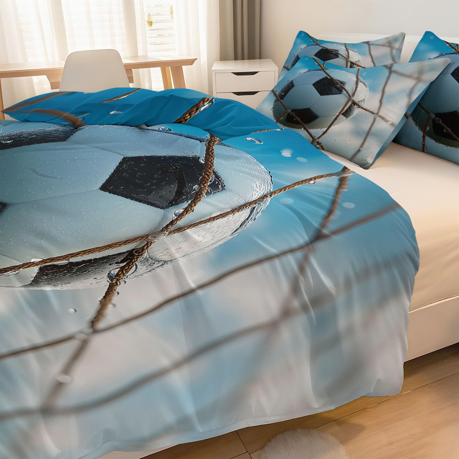 Bettwäsche 135x200 cm Spiel Fußball 3D Tor, 3teilig Mikrofaser Deckenbezug für Jugendliche Kinder, Hellblau Wendebettwäsche - Weiche Bügelfrei & Knitterfrei Bettbezug mit Reißverschluss