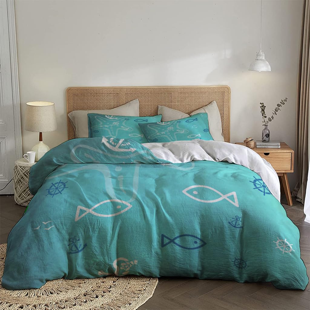 NIBAINLO 布団カバー青と緑のレトロな夏のマリンテーマ 肌に優しい ピーチスキン加工 掛け布団カバー 和式 洋式 あったか 布団カバーセット リバーシブル ホームステイ ホテル 家庭兼用