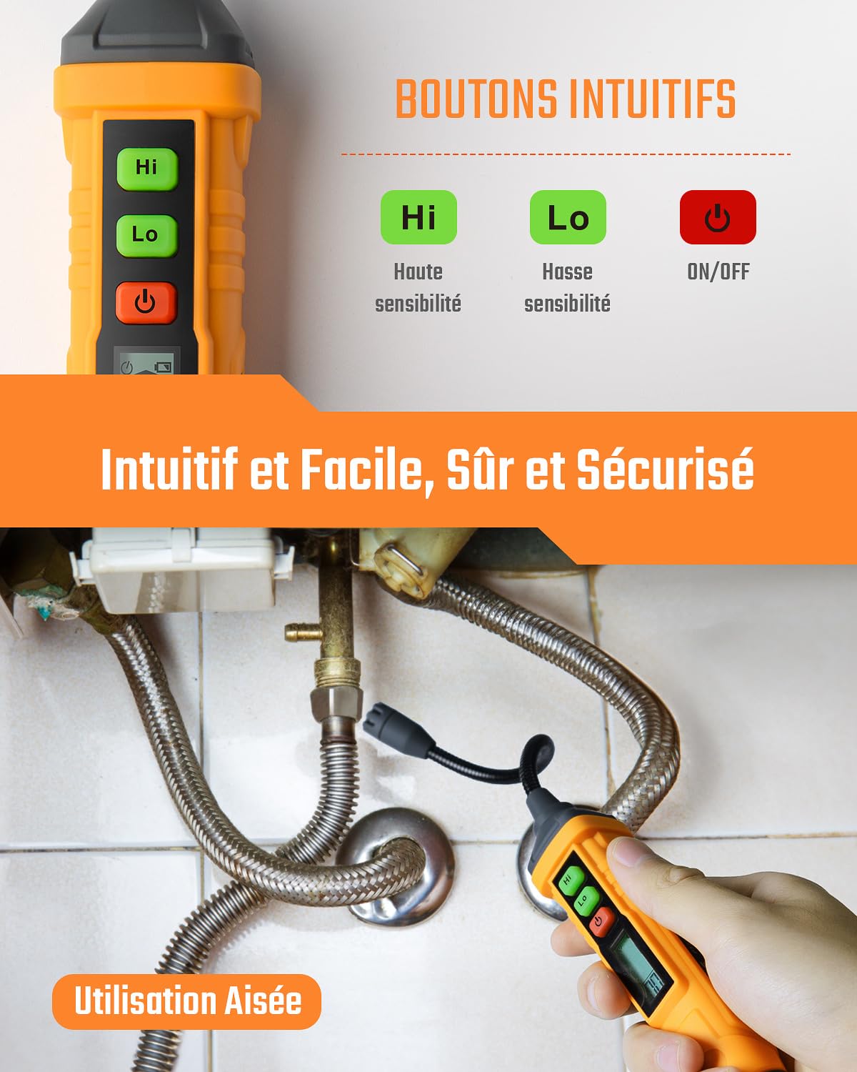 Détecteur de gaz Naturel, TopTes PT210S avec sonde de 10cm Détection pour Les fuites de gaz Naturel et du Propane - Convient pour Les cuisinières et Les Fours, Mesure en% Lie (Pile x2 Incluse)-Orange
