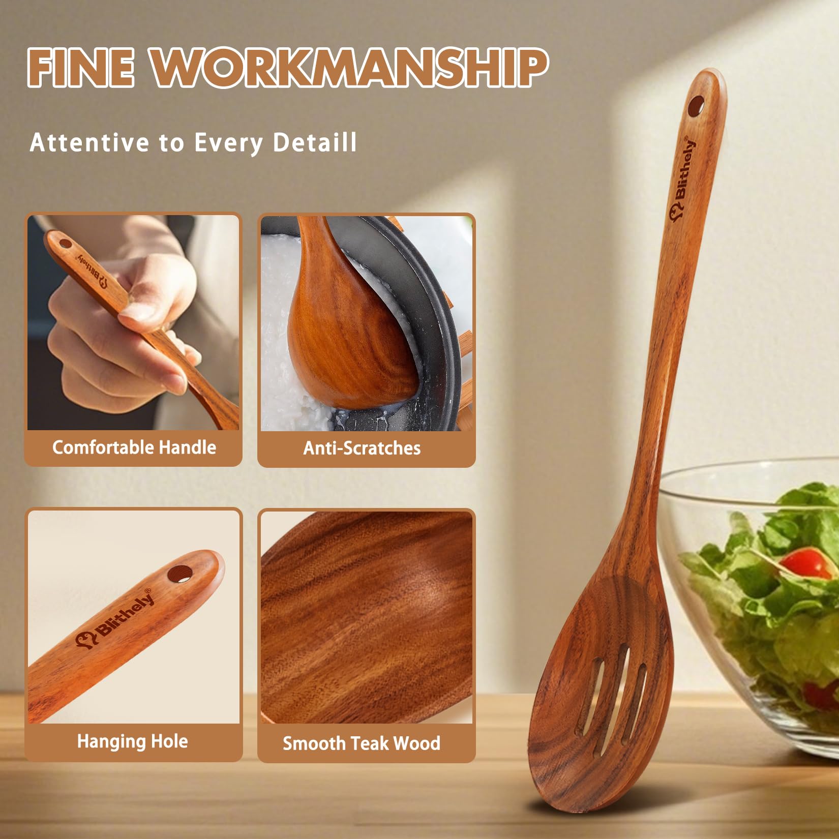 Holzlöffel zum Kochen, Ecklöffel und Schlitzlöffel, antihaftbeschichtet, glattes Holz-Kochlöffel-Set, hitzebeständige Holz-Kochutensilien zum Kochen, Servieren und Mischen, 2 Stück