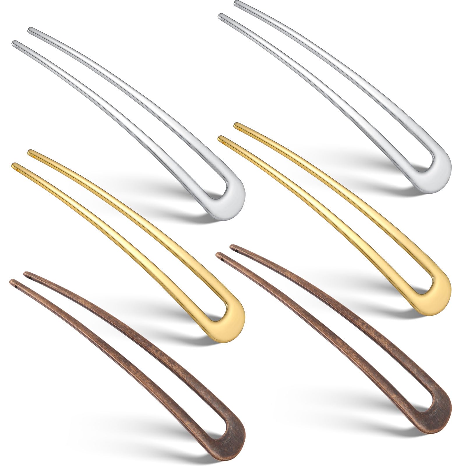 WILLBOND 6 Pcs French Hair Pins for Women French Twist Hairpins 4 Inch Metal Hair Forks U Shaped Long Chignon 2 Prong Sticks Hairpin for Lady