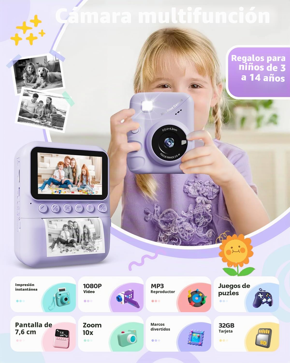 TIATUA Camara Fotos Infantil instantanea, 3,0'' HD 48 MP Cámara Instantánea para Niños con Tarjeta de 32 GB y 3 Rollos de Papel, Regalo para Niños y Niñas de 3 a 12 Años (Morado)