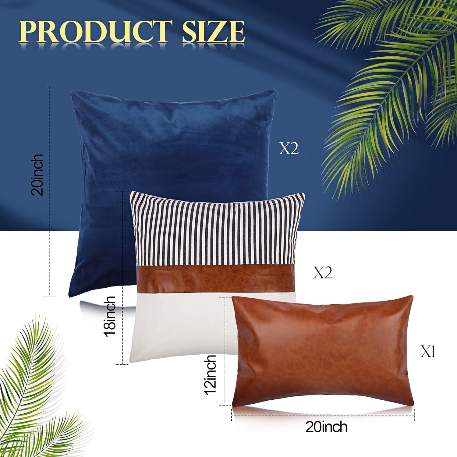 Tradder Farmhouse Decorative Pillow Covers Set of 5 20x20 18x18 12x20 Inch Modern Boho Faux Leather and Linen Stripe Pillowcase for Home Couch Living Room Decor(Stylish Style)