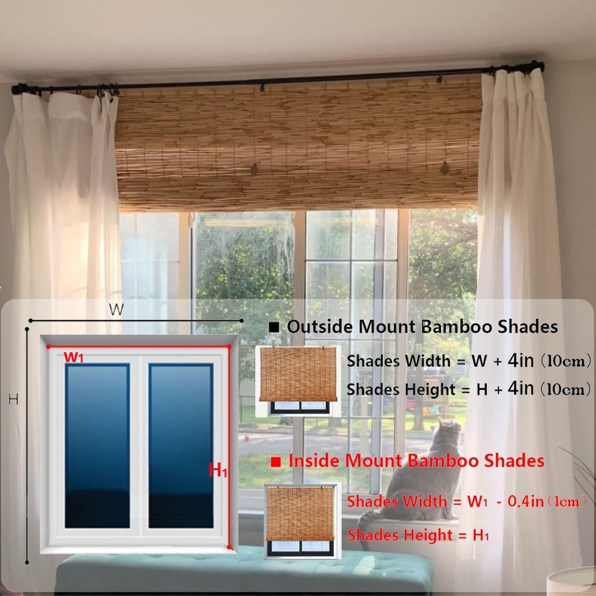 Store Enrouleur en Bambou Naturel Store Bambou Extérieur 100x200 120x160 150x180 160x230cm Rideau De Roseau pour Fenêtre – Protection Solaire, Intimité(160x120cm)