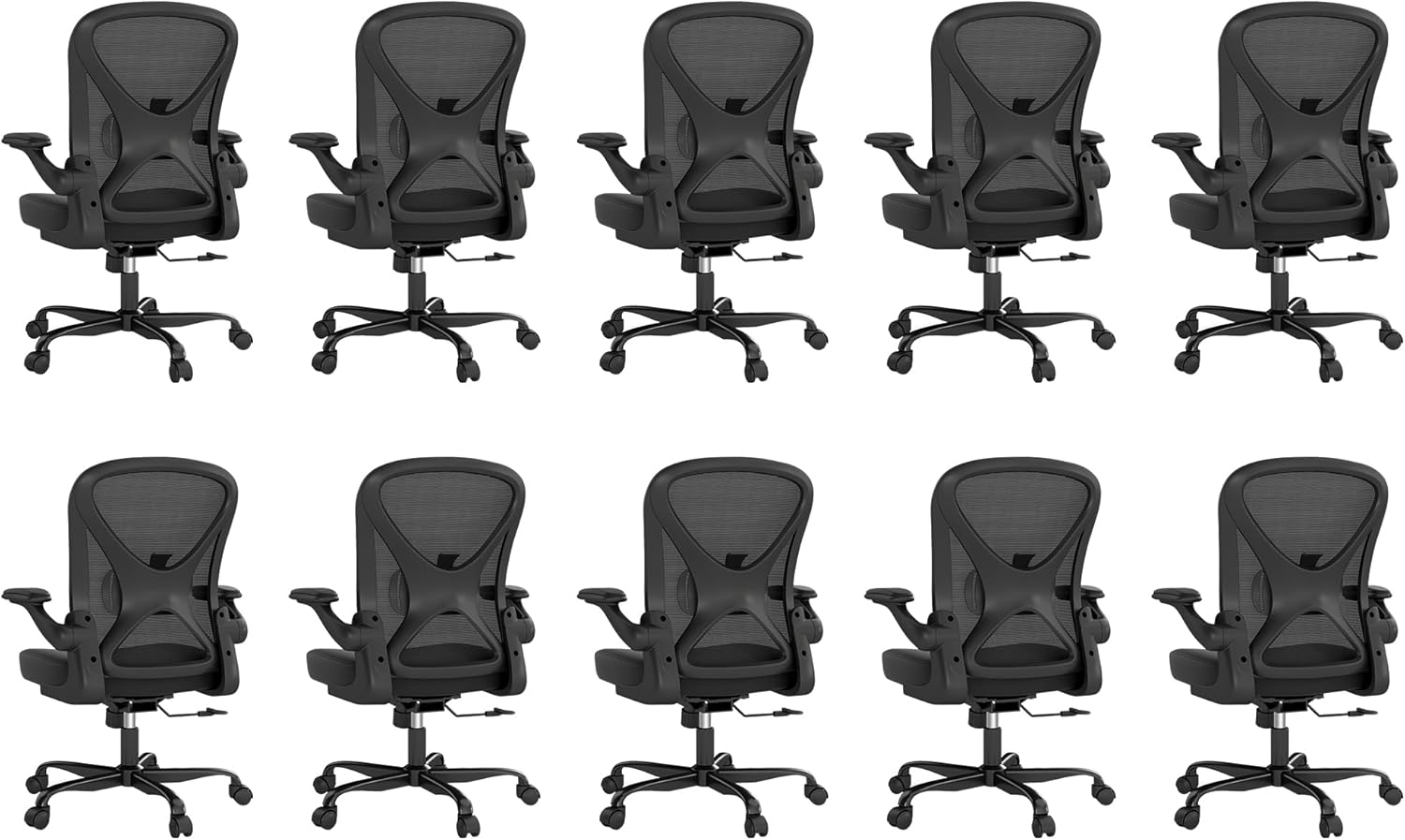 Ergonomic Office Chair Set of 10, Mesh Fabric Home Office Chairs with Adjustable Lumbar Support, 360° Swivel, and Flip-Up Armrests, Black