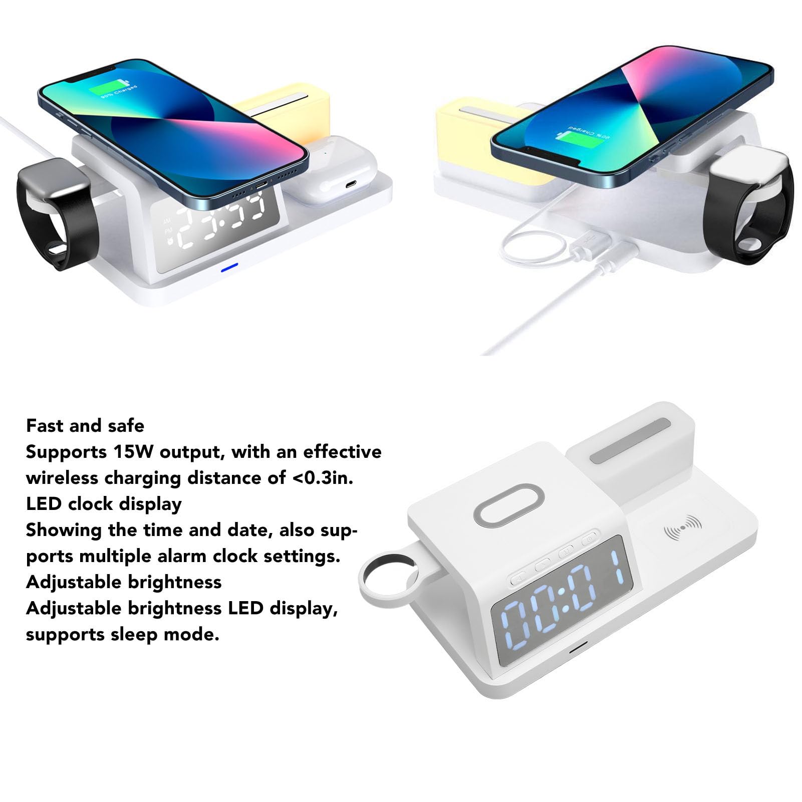 Sveglia Multifunzione Caricabatterie Wireless Ricarica Rapida da 15 W con Display a LED Calendario Luce Notturna per Telefono Smartwatch Auricolare (Bianca)