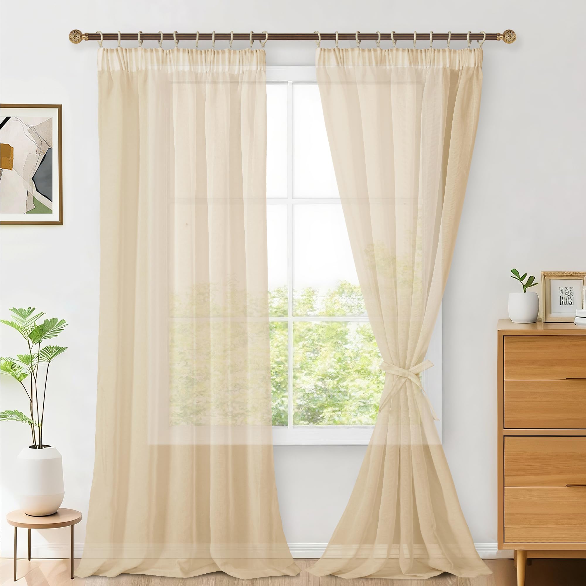 Hiasan 2er Set Sheer Voile gardinen vorhänge gardine Wohnzimmer mit Kräuselband Curtains scheibengardinen Vorhang Transparente Durchsichtig Luftig Dekoschal für Schlafzimmer