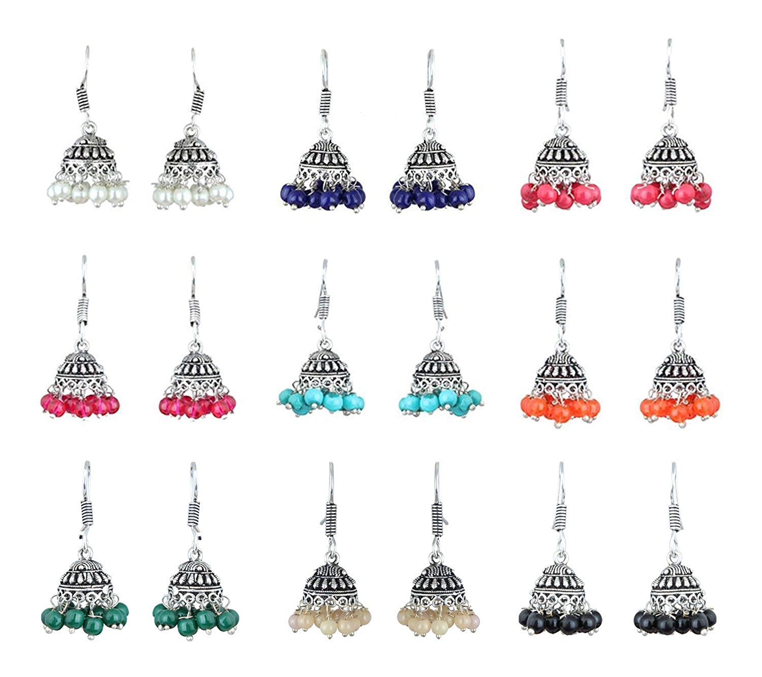 Multicolor Brass Oxidized Jhumki Earrings - Combo of 9