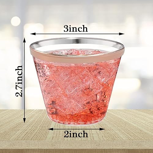 Miniatura 2 de Paquete de 50 vasos de plástico con borde de oro rosa, 9 onzas de alta calidad, desechables de oro rosa, copas de vino de plástico duro transparente