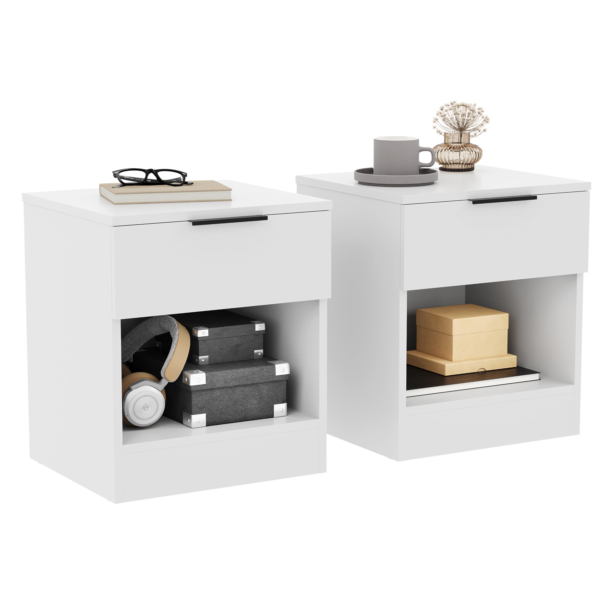 Vida Designs Trega 1 Drawer Bedside Cabinets Set of 2 White - Compact Space-Saving Nightstands - 41H x 39W x 28D cm - Engineered Wood - Glide Drawers, Black Handles - Ideal for Bedroom & Guest Room